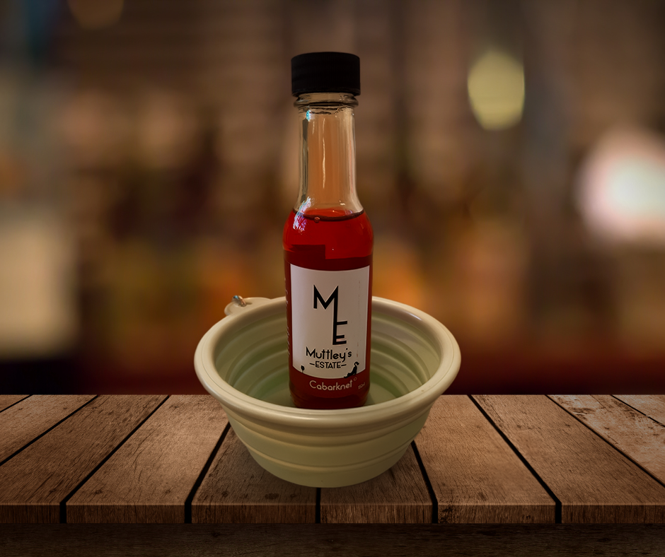The Pour and Go gift set: Muttley's Estate Cabarknet pet wine in a collapsible water bowl